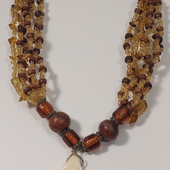 Handcrafted Wood Glass Bead Necklace with Carved Pendant - Picture 5 of 9
